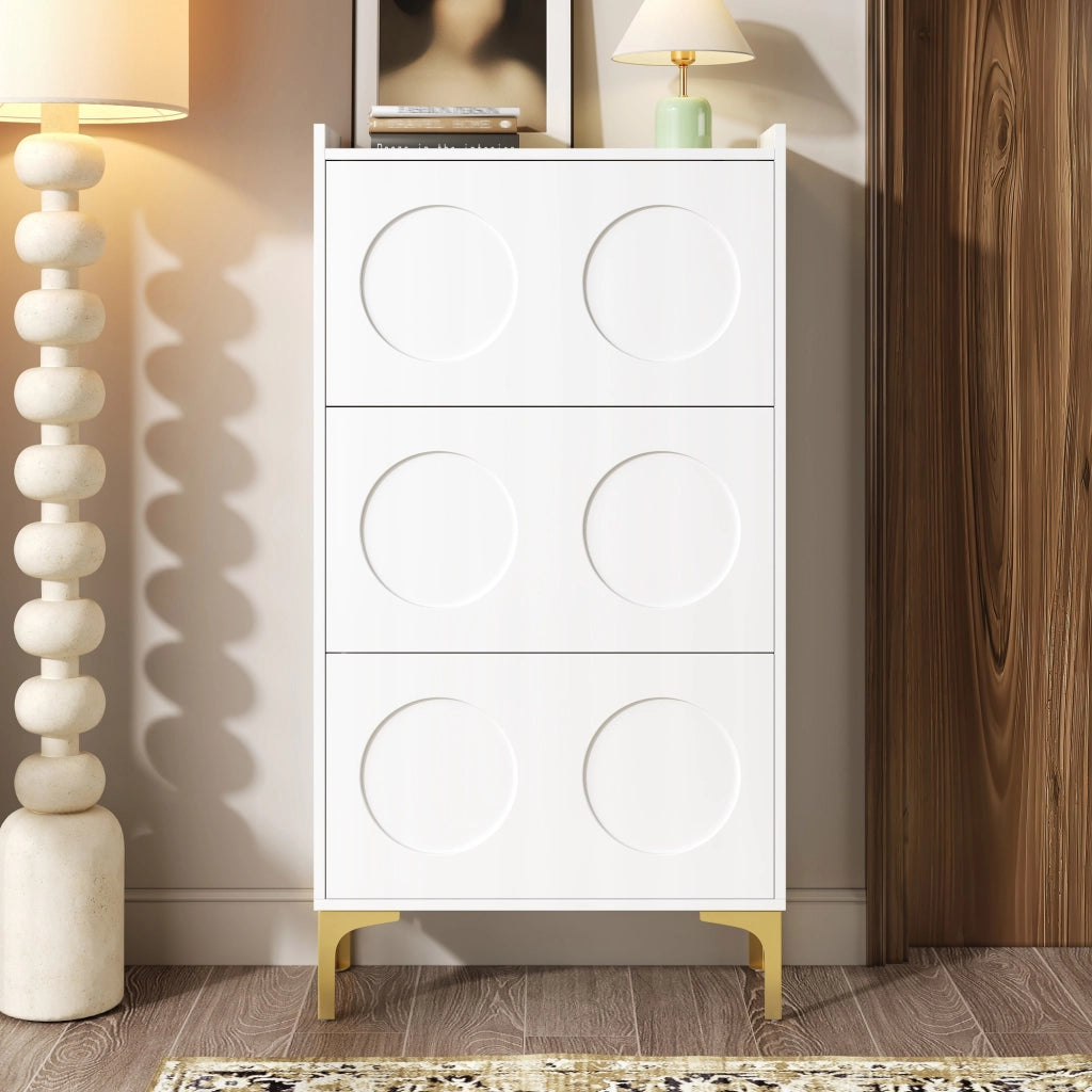 Scarpiera con 3 Scomparti e 6 Elementi in Rilievo; Piedini in Metallo Dorato; Stile Moderno; in MDF; Bianco; 63×24×120 cm