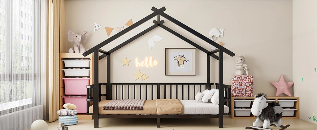 Letto per bambini 90 × 200 cm con barriera di sicurezza et struttura a casetta, senza materasso, in metallo, nero
