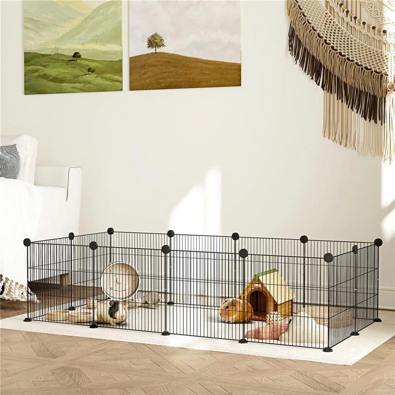 RECINTO PER ANIMALI MODULABILE CON 12 PANNELLI 35X35 CM E BORDI ARROTONDATI IN METALLO E ABS 140X70X35 CM NERO