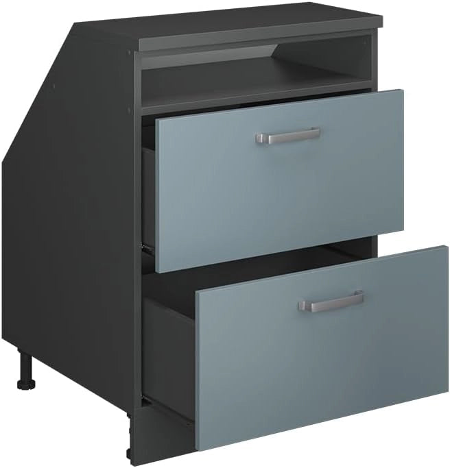 Mobile sottotetto Rion, Grigio-blu, 60 x 81.6 cm con 2 cassetti, carcassa 60 cm profondità, adatto per il salvaspazio sotto tetti spioventi