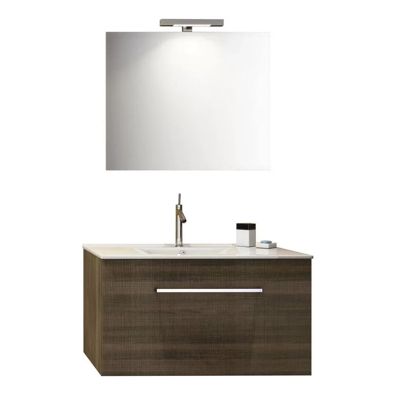 Mobile bagno sospeso noce tranchè 90 cm serie kio con lavabo e specchio