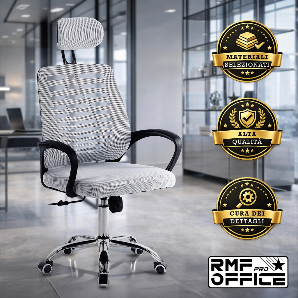 RMF Sedia Ufficio Ergonomica Professionale Reclinabile, Sedia Scrivania in Rete con Seduta Comoda e Rilassante - Poltrona Relax Ufficio con Ruote Girevoli Altezza Regolabile  BIANCA