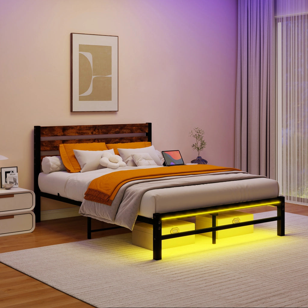 LETTO matrimoniale 120x200 cm in MDF e metallo, marrone antico, con LED