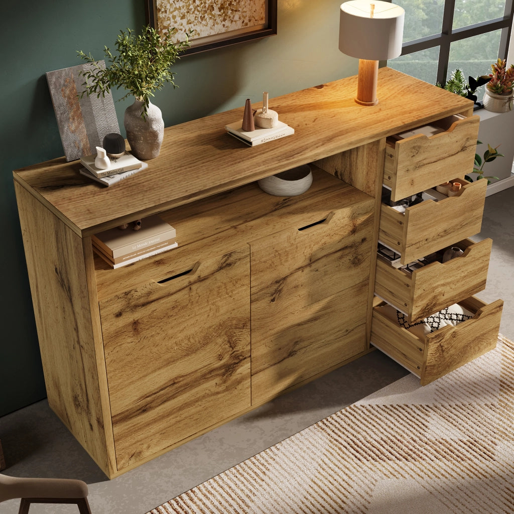 COMMODE Sideboard 150x40x90 cm effetto rovere con 2 ante, 4 cassetti e vano aperto