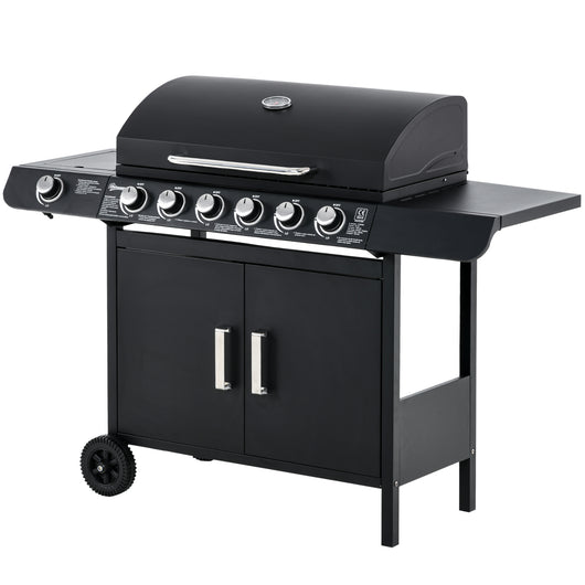 EASYCOMFORT  Barbecue a Gas con Coperchio, 7 Bruciatori da 20kW, Fornello Laterale e 2 Ruote, 135x50x100cm Nero