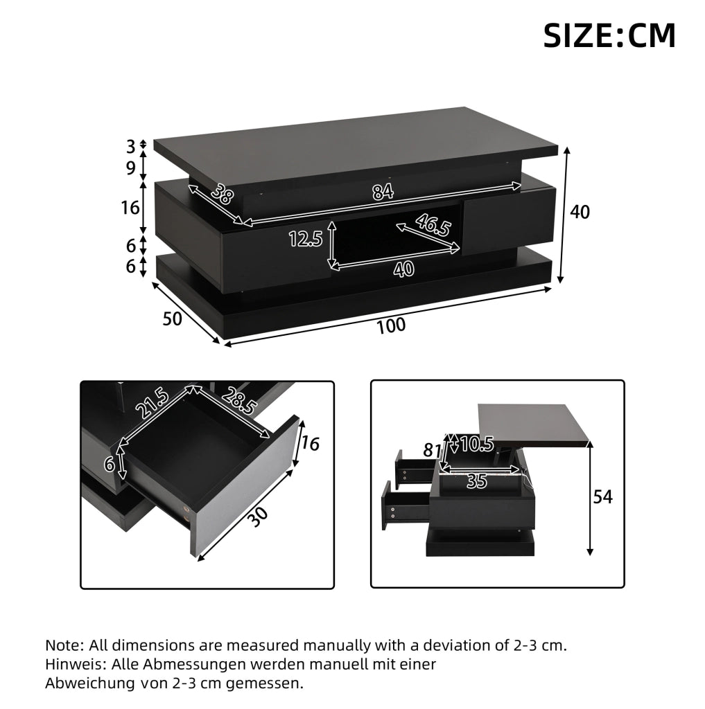 Tavolino elevabile nero con LED, 2 cassetti e porta USB