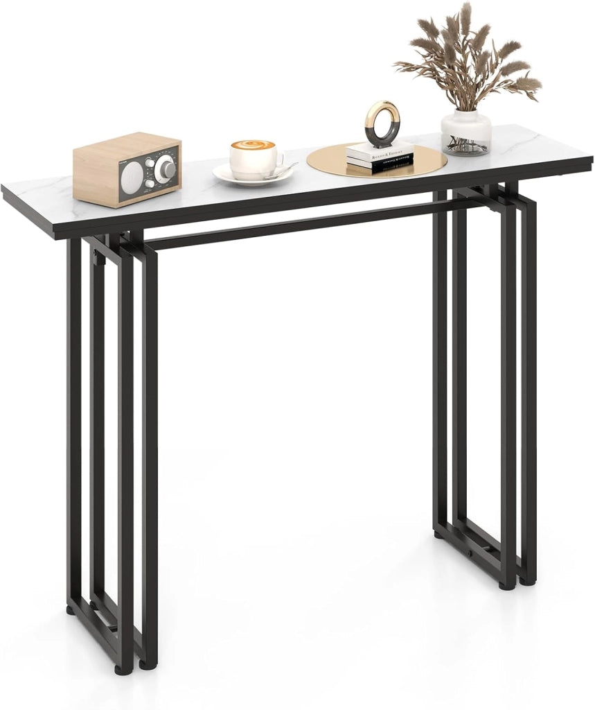 Tavolo Consolle 110cm, Tavolo da Ingresso con Piano in Finto Marmo, Struttura in Metallo e Poggiapiedi Regolabili, Tavolino da Divano Moderno per Salotto, Corridoio e Ingresso (Oro)