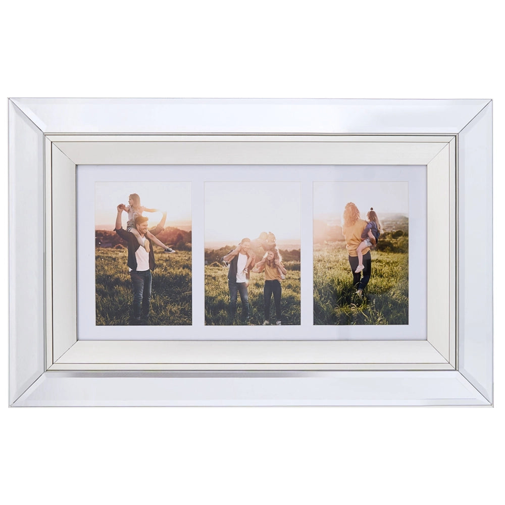 Cornice Multifoto Argento Vetro Specchiato 32 x 50 cm per 3 Foto 10 x 15 cm Collage Apertura