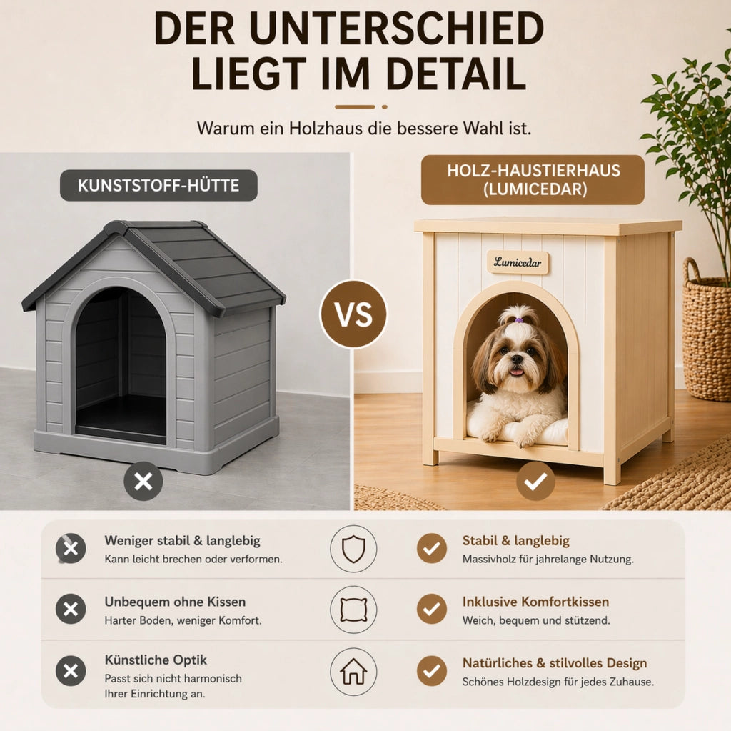 Cuccia per cani in legno con cuscino rimovibile; bianco crema