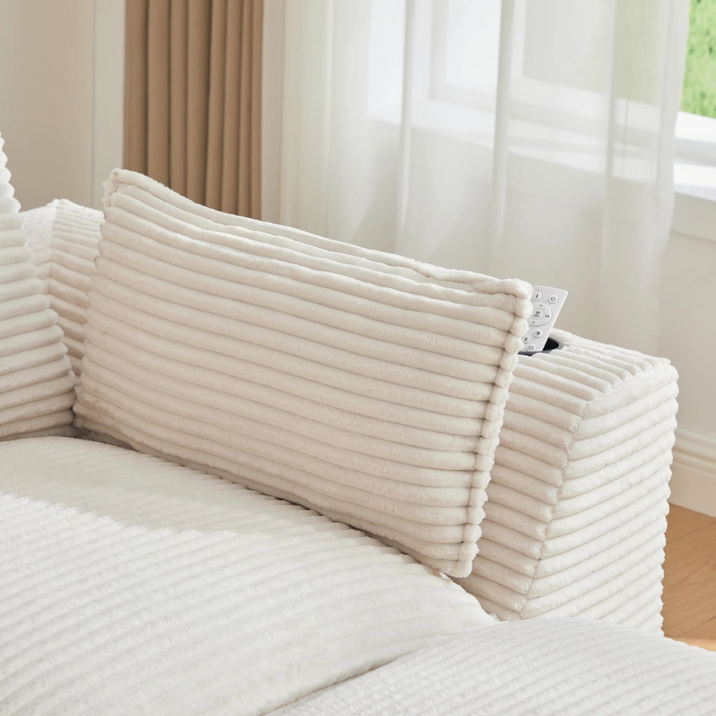 Divano modulare in velluto a coste beige con pouf e tasche laterali HAVRYA