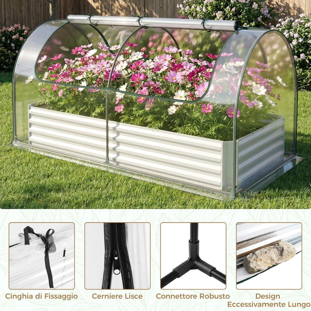 Orto Rialzato Zincato con Serra, Aiuola Senza Fondo con Copertura Trasparente, Fioriere con Finestre Avvolgibili per Giardino e Terrazzo (202 x 101 x 81 cm)