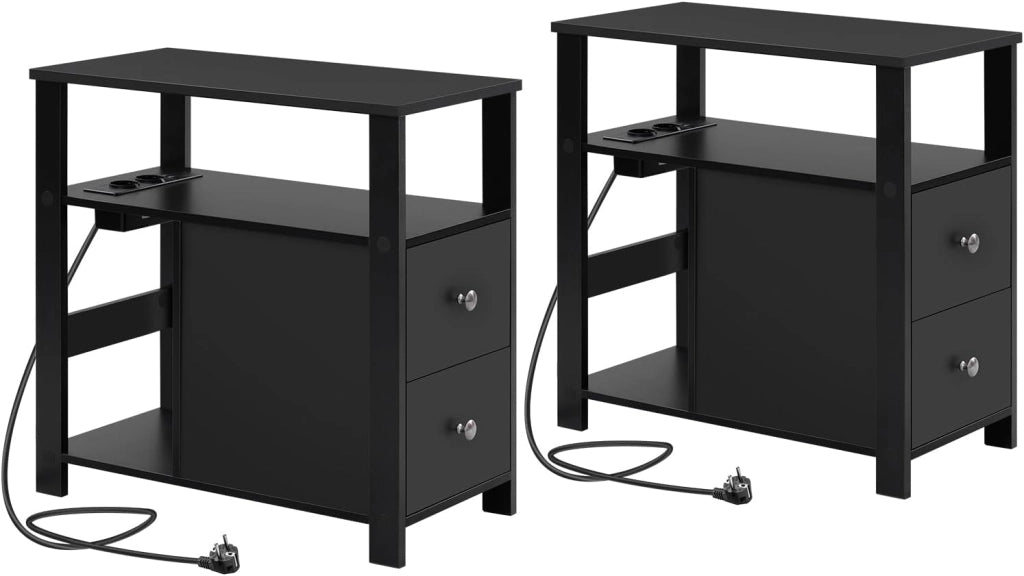 Tavolino Stretto con Stazione di Ricarica per Divano, Comodino con 2 Cassetti 2 Ripiani 1 Scomparto, per Soggiorno, Camera da Letto, 60x60x30 cm, Nero