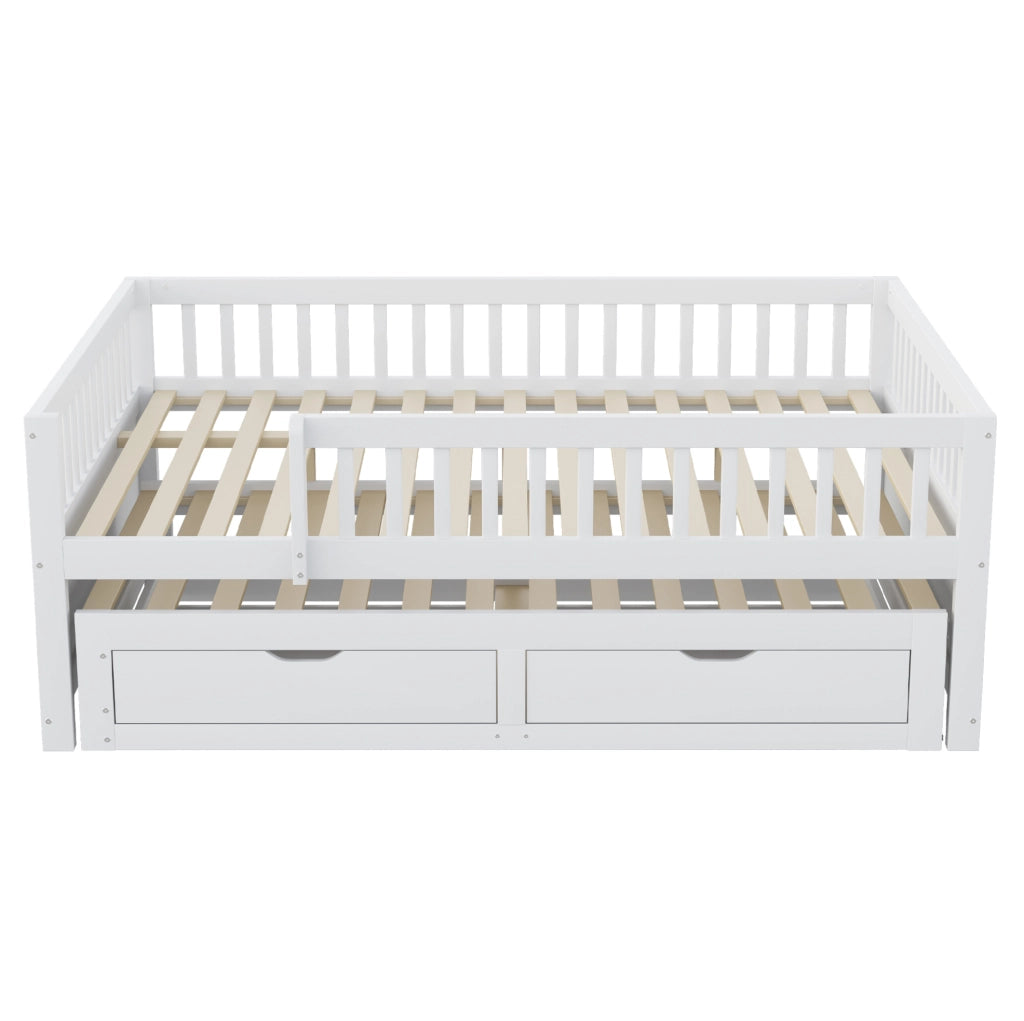 Divano letto 140x200 cm con letto estraibile; sponde di sicurezza e 2 cassetti in legno bianco