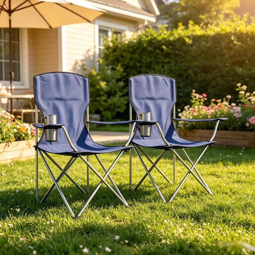 Set di 2 sedie da campeggio pieghevoli con portabicchiere; schienale alto; blu e grigio