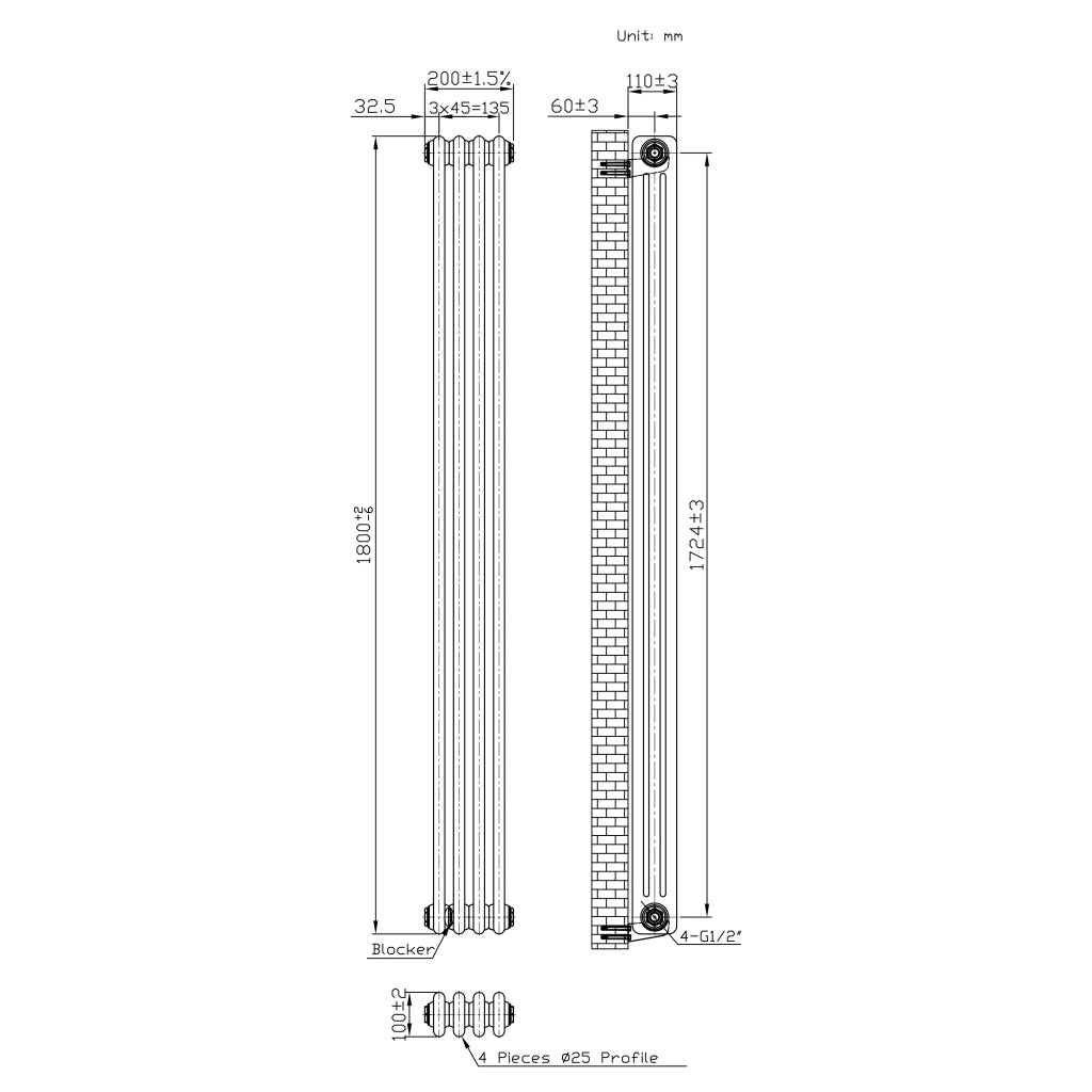 Radiatore 3 Colonne Verticale Metallo Grezzo 1800 x 200 mm TRV