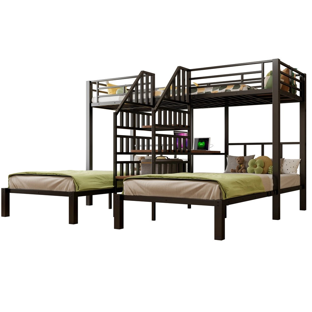 Letto a castello 3 posti con scrivania e luci LED ¨C Minimal ¨C nero metallo 90x200 cm
