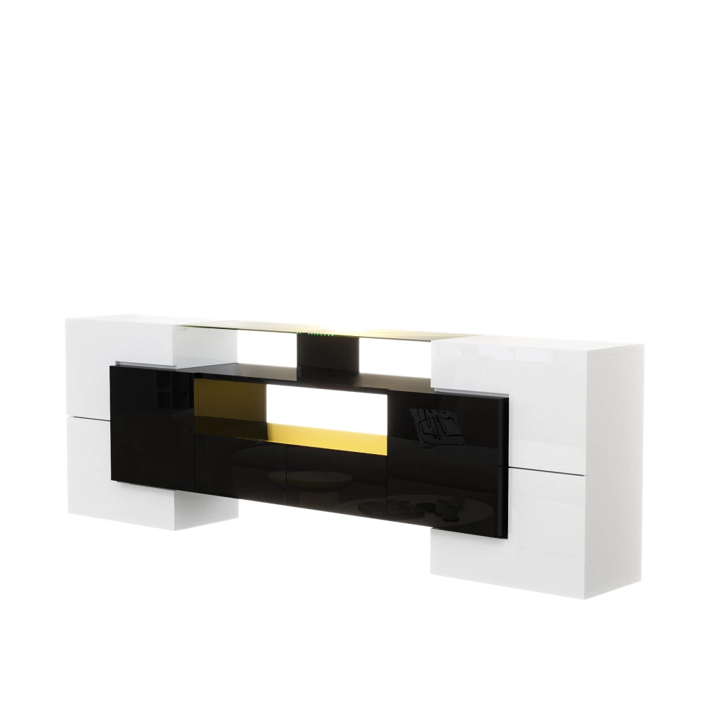 Mobile TV moderno 200x35x60 cm bianco e nero lucido con LED, 6 ante, 2 cassetti e 3 vani