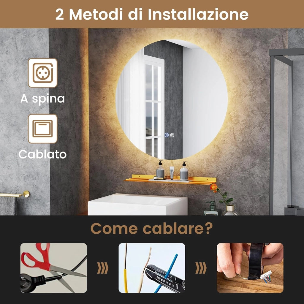 Specchio da Parete 60cm, Specchio Rotondo Bagno con Luci Led a 3 Colori, Mensola e Funzioni di Autosbrinante e di Memoria, per Soggiorno e Camera da Letto, IP44