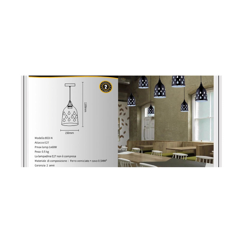 Trade Shop - Lampadario A Sospensione Da Soffitto Traforato E27 Punto Luce Bianco E Nero - Nero