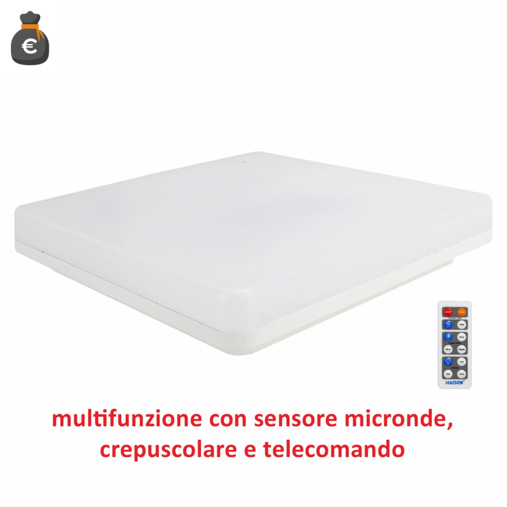 Alcapower Plafoniera LED Quadra CCT 24W con Sensore a Microonde e Telecomando, Temperatura Luce Selezionabile 3000K-4000K-6000K, Protezione IP54