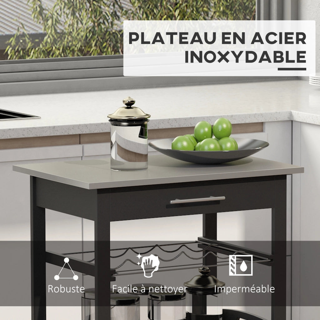Carrello da Cucina ¨C Xylo ¨C 60x40x85 cm Piano in Acciaio Inox Nero con Ripiani