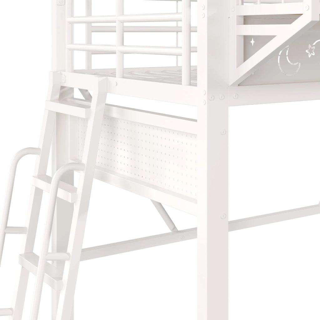 Letto a soppalco 90x200 cm in metallo bianco con vani contenitore e scala reversibile