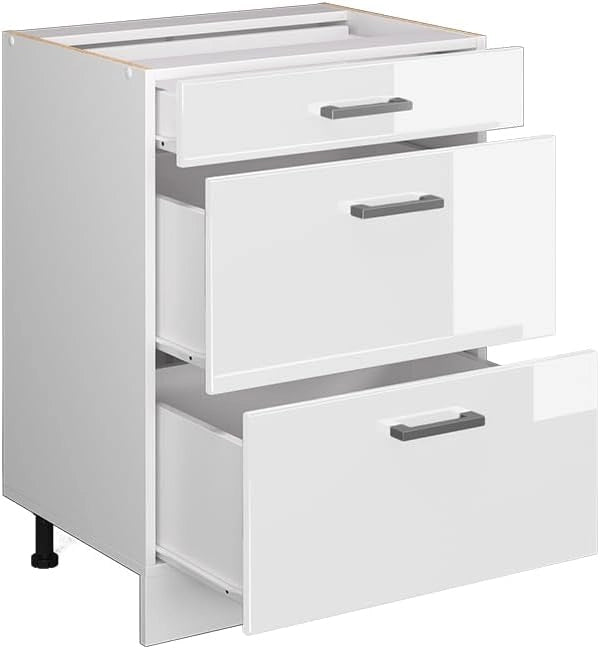 Mobiletto base per cucina R-Line, Bianco lucido, 60 cm con cassetti, senza piano di lavoro, per la libera combinazione all'interno di sistemi cucina modulari
