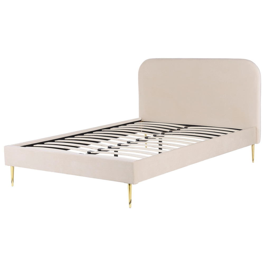 Letto beige velluto tappezzeria doppia dimensione gambe dorate testiera con rete a doghe 140 x 200 cm design minimalista