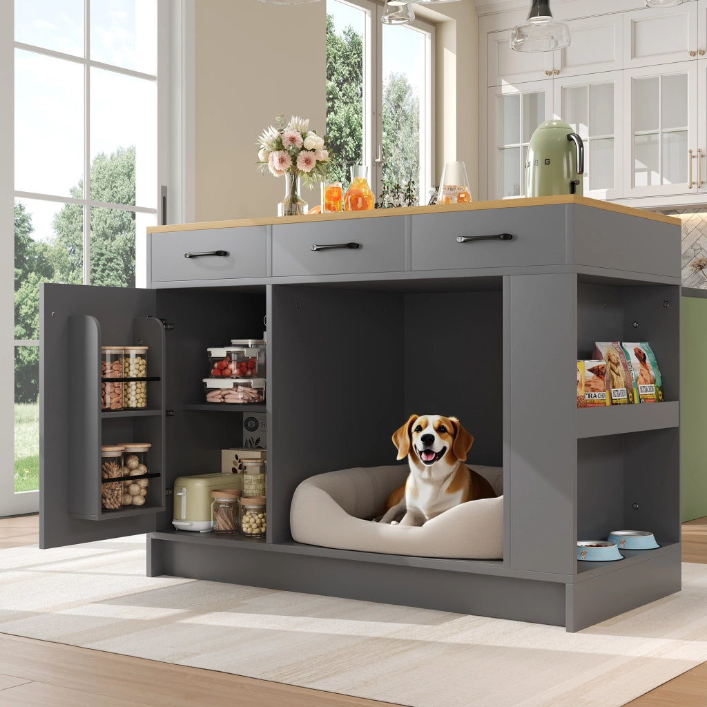 Carrello da Cucina con 3 Cassetti; Portaspezie; Ripiano Regolabile e Vano per Animale; in MDF; 120x60x90 cm; Grigio e Naturale