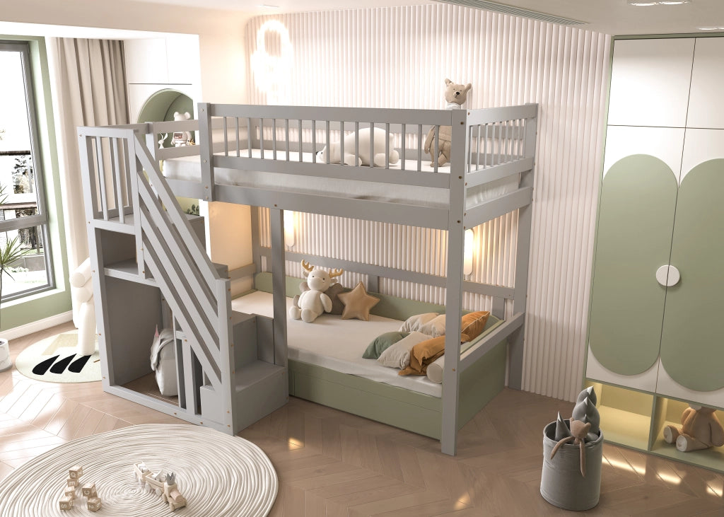 Letto a soppalco singolo 90 × 200 cm con scala contenitore in legno grigio per bambini e ragazzi