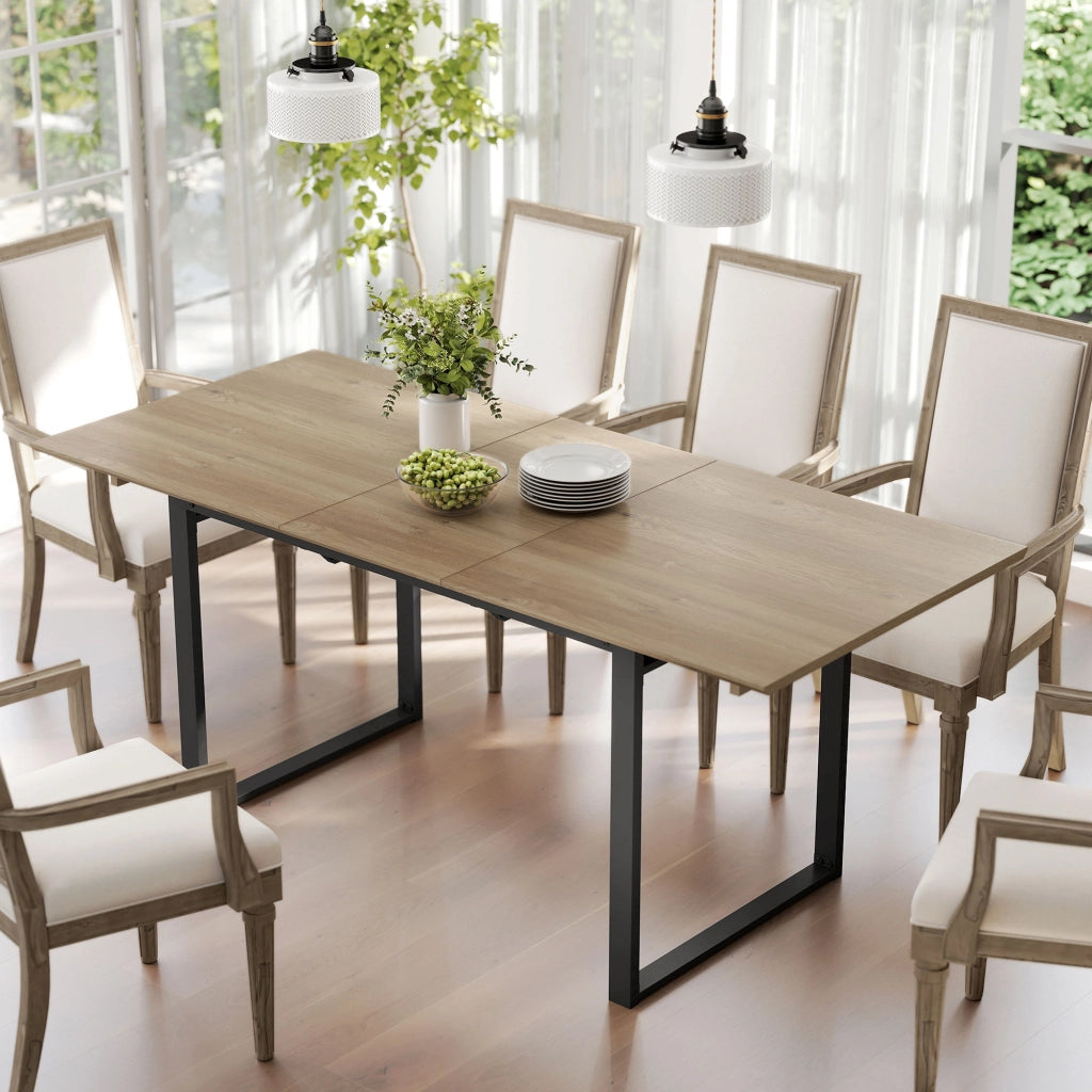 Tavolo da Pranzo Allungabile Rotondo in Legno e Acciaio ¨C Zephmum ¨C Effetto Rovere e Nero, 180x80x75 cm