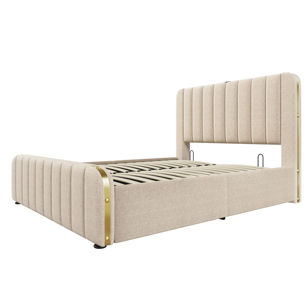 Letto matrimoniale contenitore 140x200 cm in lino beige con testiera USB e Type-C