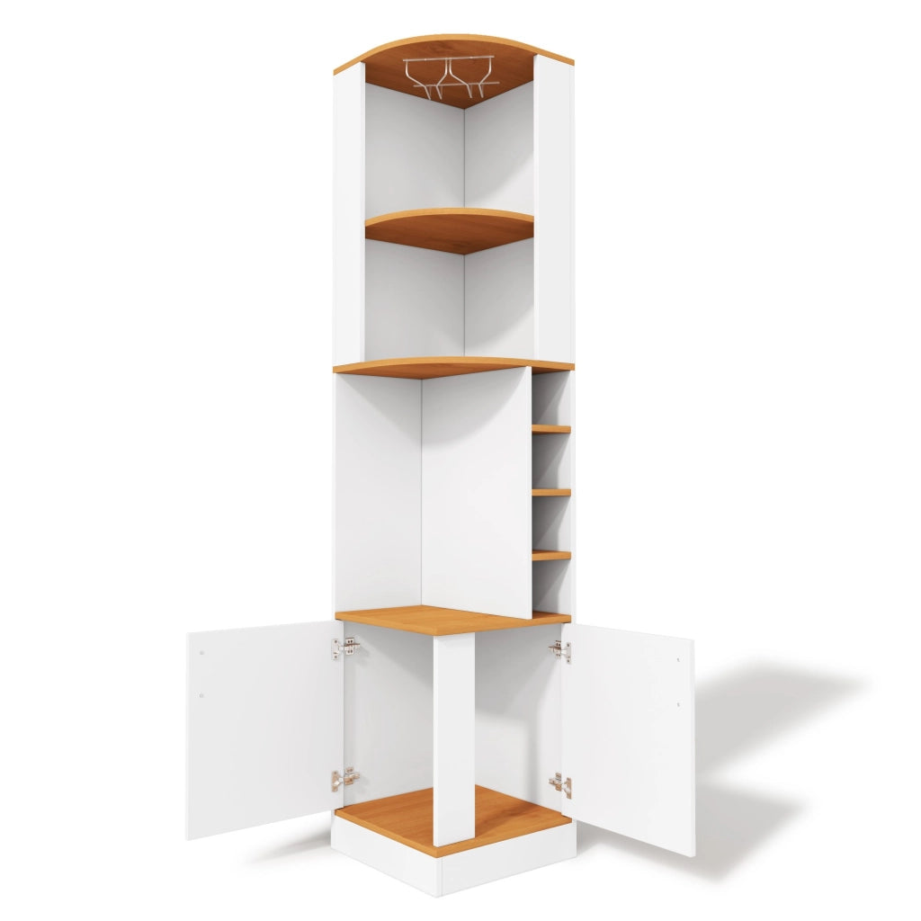 Credenza angolare salvaspazio 40x40x182 cm con portabicchieri, vani per vino e mobiletto chiuso, bianco