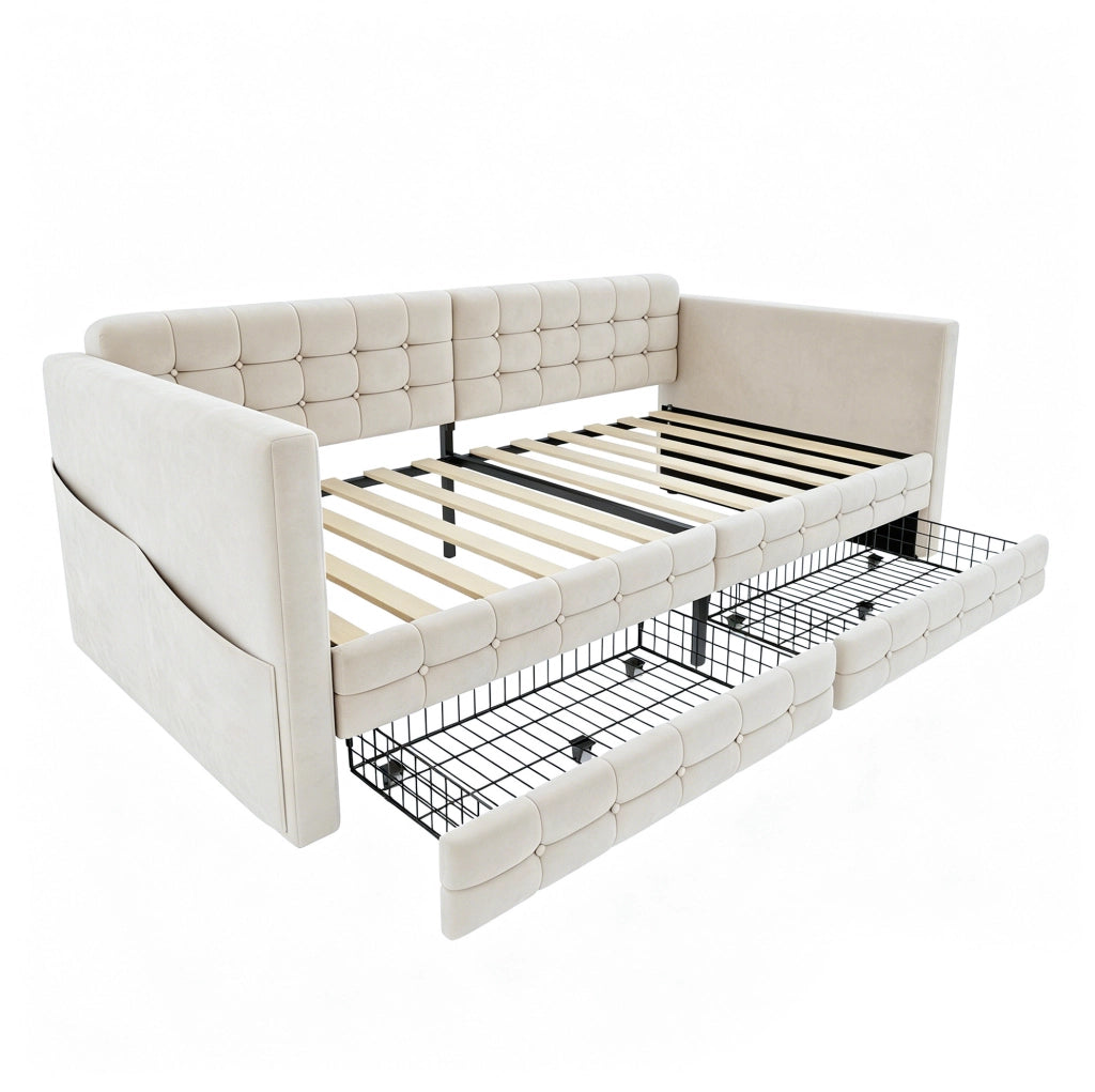 Letto imbottito 90x190 cm con tasche laterali e 2 cassetti in velluto beige
