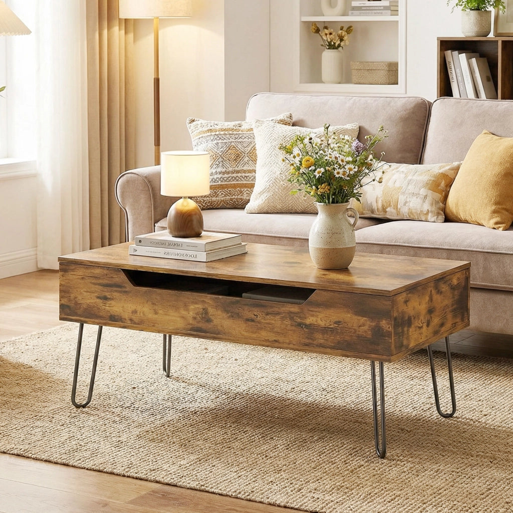 Tavolino da caff¨¨ in legno con ripiano nascosto ¨C zephmum ¨C 95x50x40 cm, marrone rustico