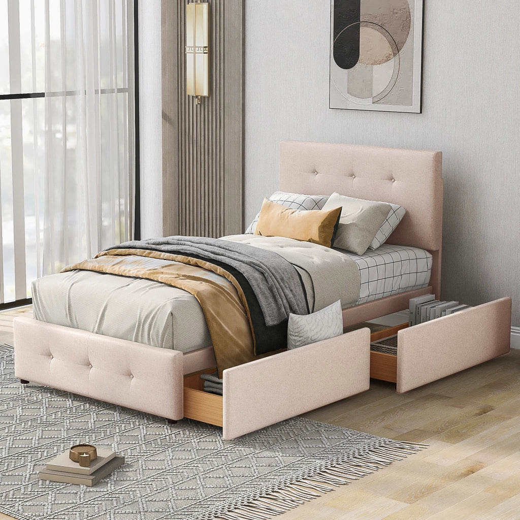 Letto imbottito in velluto con 2 cassetti, 90x200 cm, beige scuro