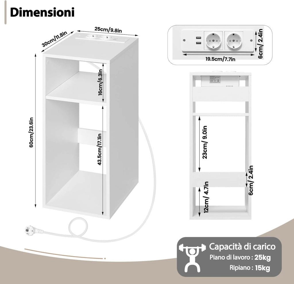 2 pezzi Comodino con Prese e Porte USB, Comodino per Camera da Letto Stretto, Comodino Salvaspazio con 2 Scomparti Aperti, per Soggiorno, Cameretta, in Legno, 25x30x60cm, NTS06ws