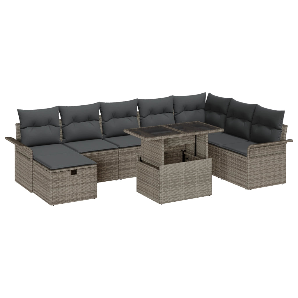 Set Divano da Giardino 9 Pezzi con Cuscini Grigio Rattan Polietilene