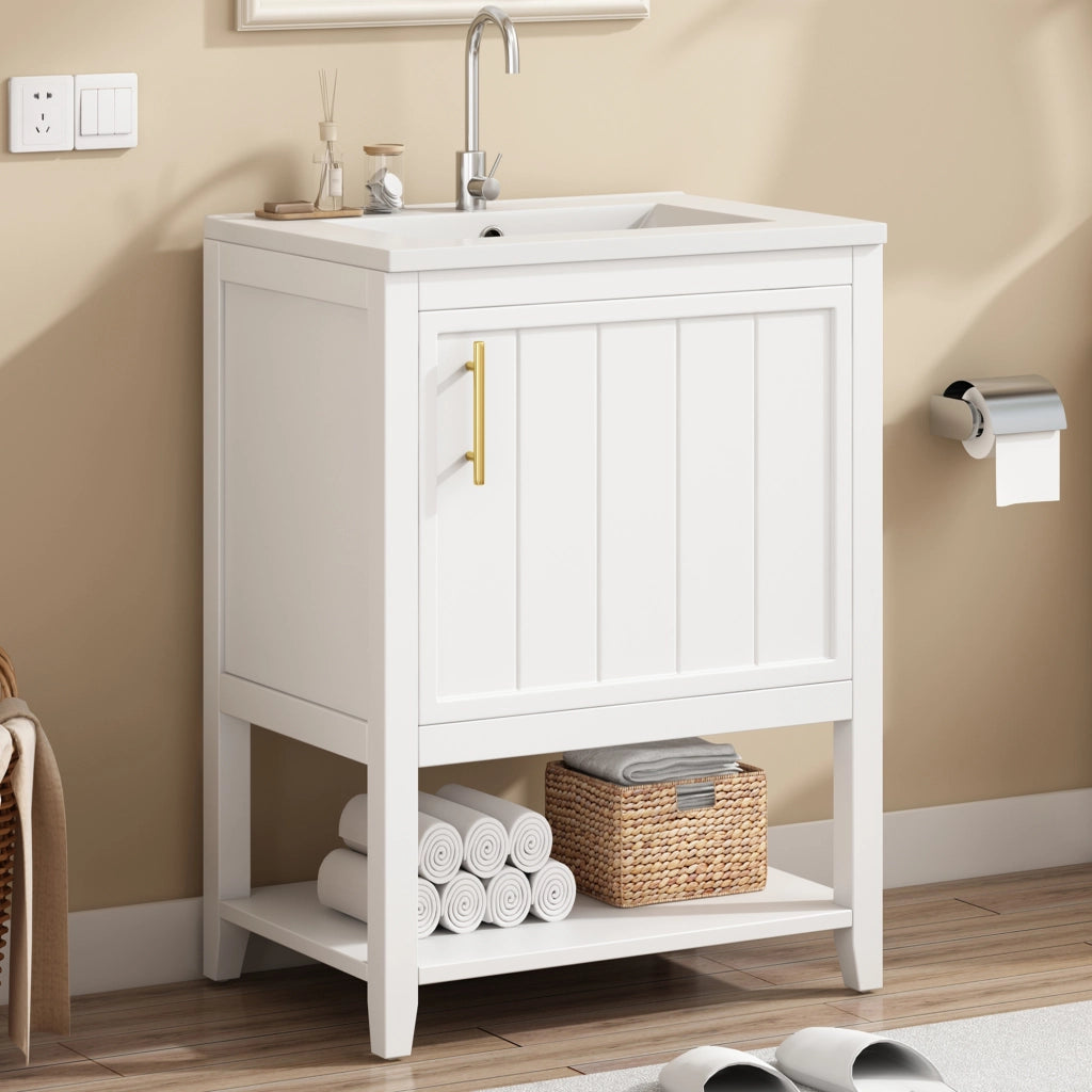 Mobile sottolavabo con lavabo in ceramica; da terra; per bagno; MDF bianco; 61 × 47 × 87 cm