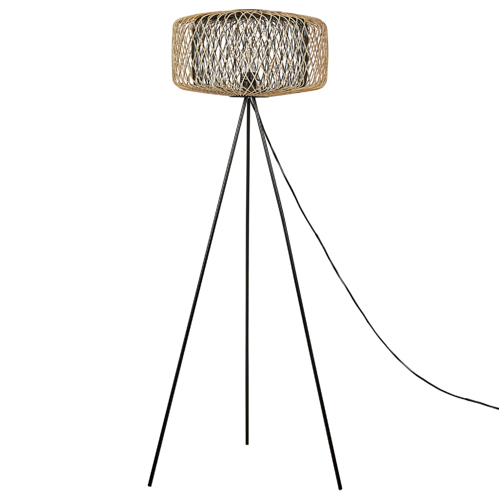Lampada da terra a stelo in bambù con paralume aperto e base in metallo 120 cm naturale e nera soggiorno stile boho