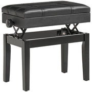 Panca per pianoforte, sgabello regolabile in altezza con vano portaoggetti, cuscino in pelle, nero, 63x35x46-56 cm