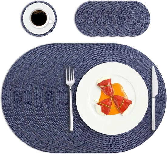 Set di tovagliette e sottotovagliette blu circolari da 6, intrecciati in polipropilene, resistenti al calore e lavabili, per cucina, sala da pranzo, per uso domestico, ristoranti, alberghi, esterni, feste