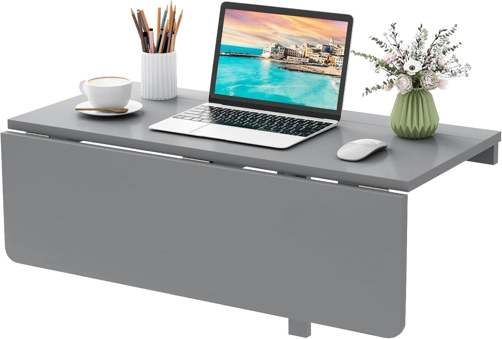 Tavolo Pieghevole a Muro, Tavolino Porta PC da Parete in Legno, Tavolo a Scomparsa Multifunzionale, Ideale per Soggiorno, Cucina e Studio, 80 x 60 x 45 cm (Grigio)