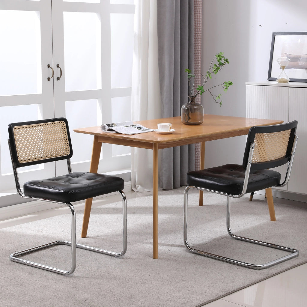 Sedie da Pranzo Set 2 Pezzi ¨C MINIMAL ¨C Rattan, Ecopelle, Schienale a Rete, Gambe in Metallo, Nero