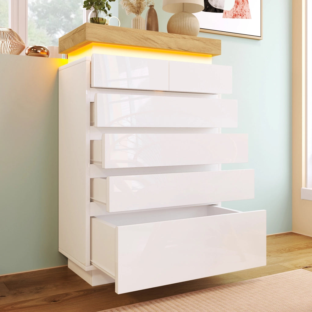 Cassettiera bianca lucida con 6 cassetti e LED controllabile da app, 73×39×115 cm