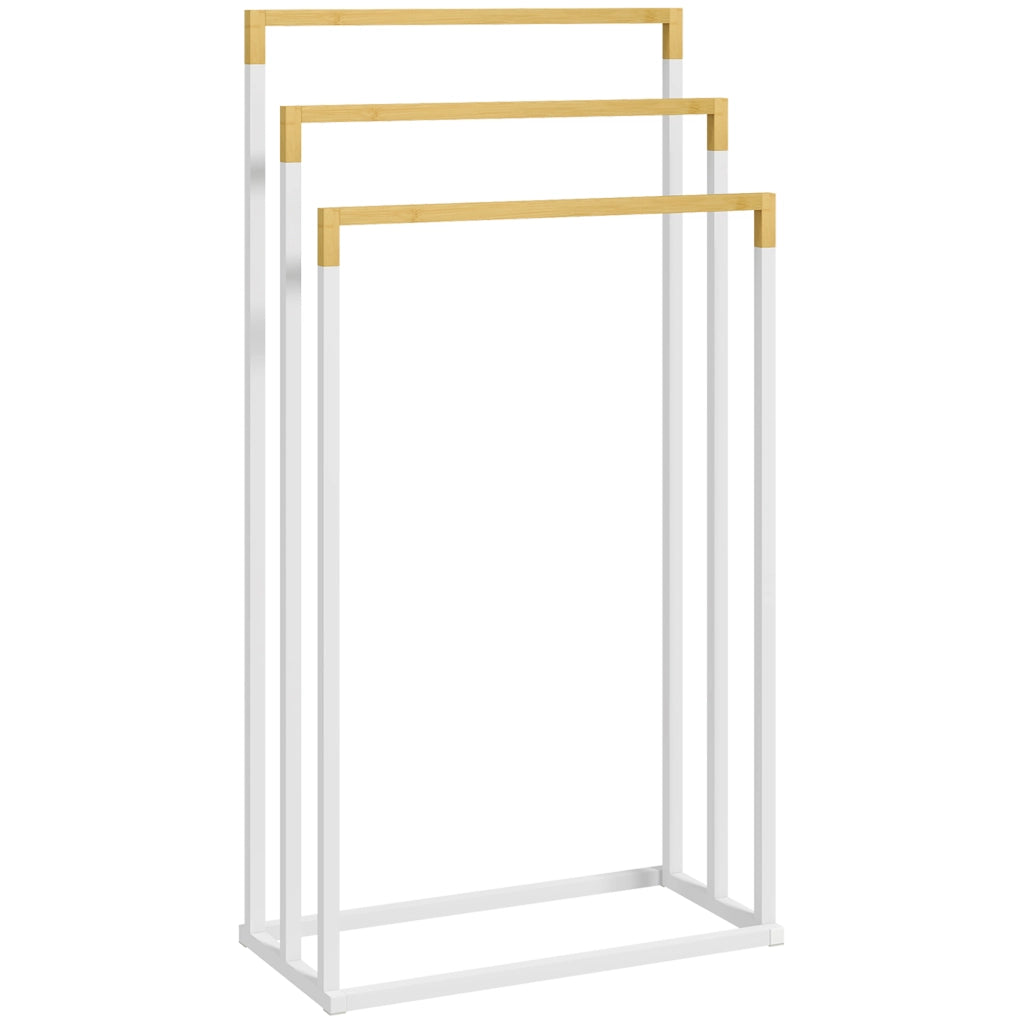 Portasalviette autoportante a 3 livelli in acciaio e bambù, bianco, 45 x 22,5 x 86 cm
