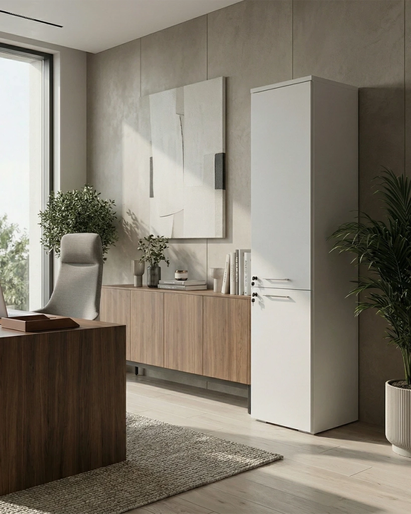 Armadio ufficio Dallas - Mobile archivio 2 ante con serratura - 4 mensole incluse - L. 45 x H. 199 x P. 42,5 cm – Bianco_