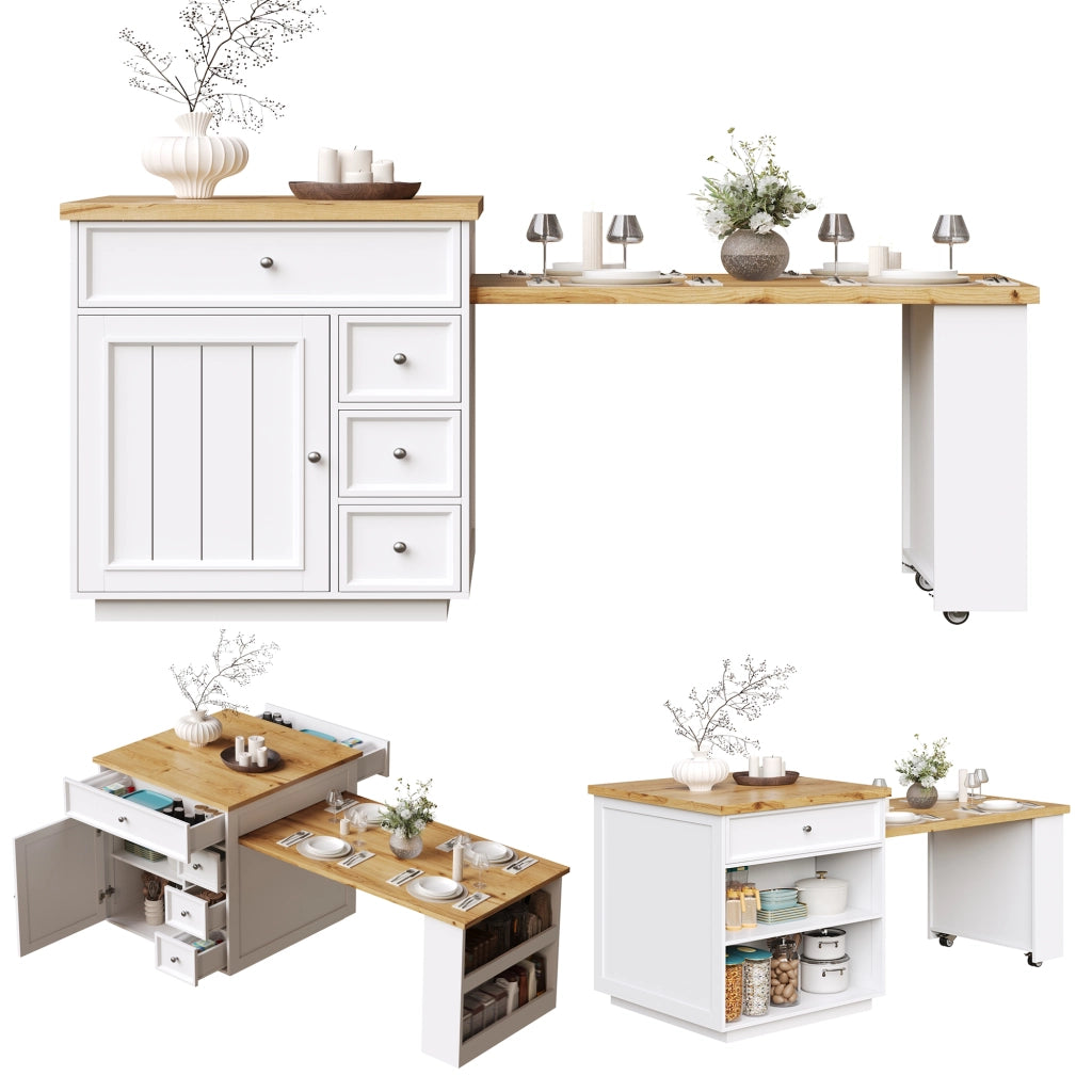 Isola Cucina Allungabile con Cassetti e Ruote ¨C MINIMAL ¨C Bianco, Piano Effetto Legno, 120-184 cm