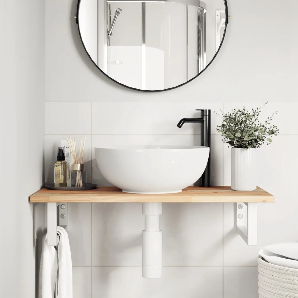 Ripiano a Parete per Lavabo in Acciaio e Massello di Acacia 3302664
