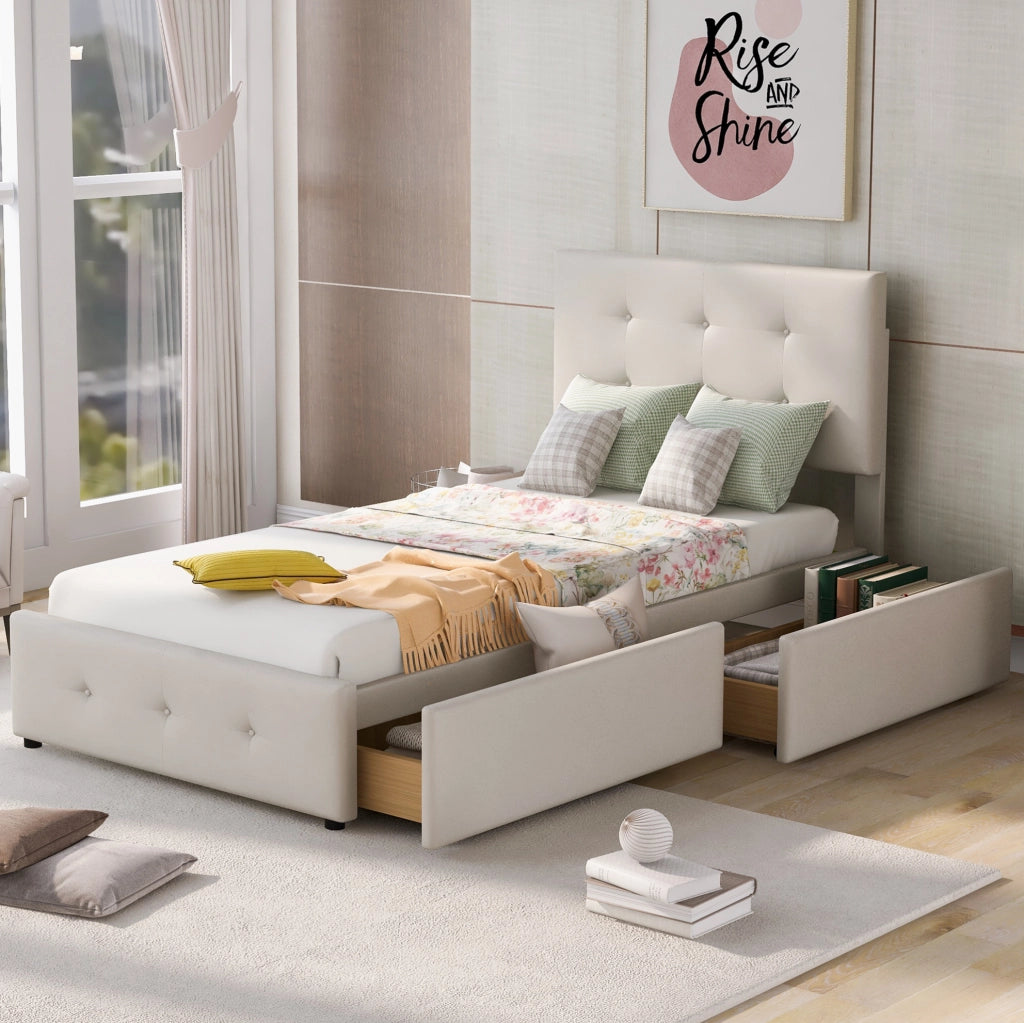 Letto imbottito 90x200 cm con cassetto; velluto beige (Senza materasso)